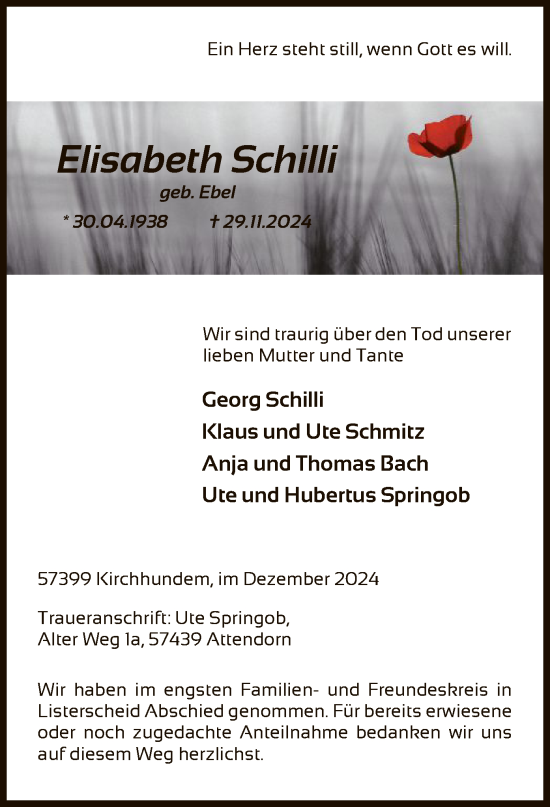 Traueranzeige von Elisabeth Schilli von WA