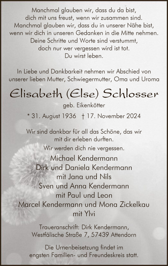 Traueranzeige von Elisabeth Schlosser von WA