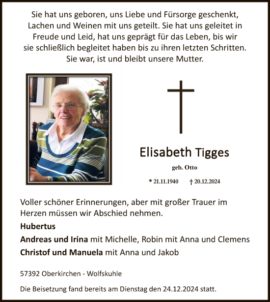 Traueranzeige von Elisabeth Tigges von WA