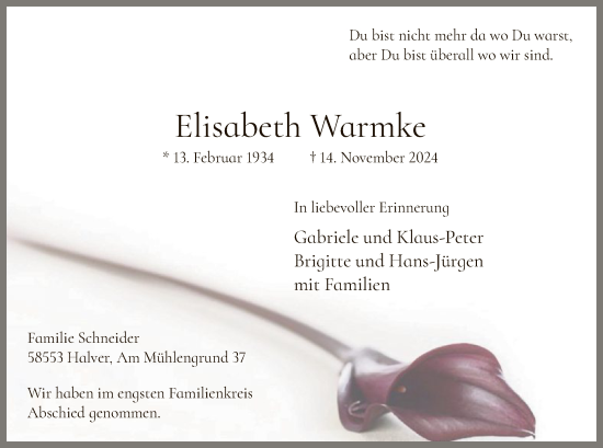 Traueranzeige von Elisabeth Warmke von WA