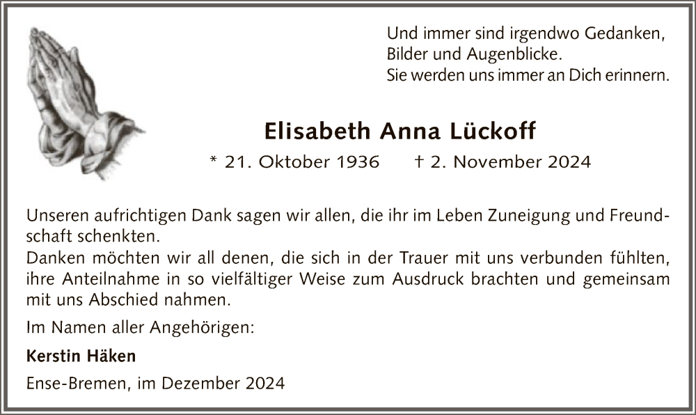  Traueranzeige für Elisabeth Anna Lückoff vom 14.12.2024 aus WA