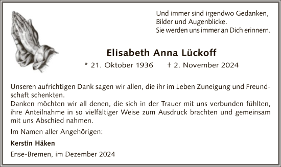 Traueranzeige von Elisabeth Anna Lückoff von WA