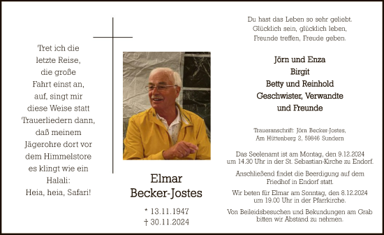 Traueranzeige von Elmar Becker-Jostes von WA