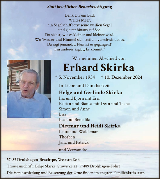 Traueranzeige von Erhard Skirka von WA