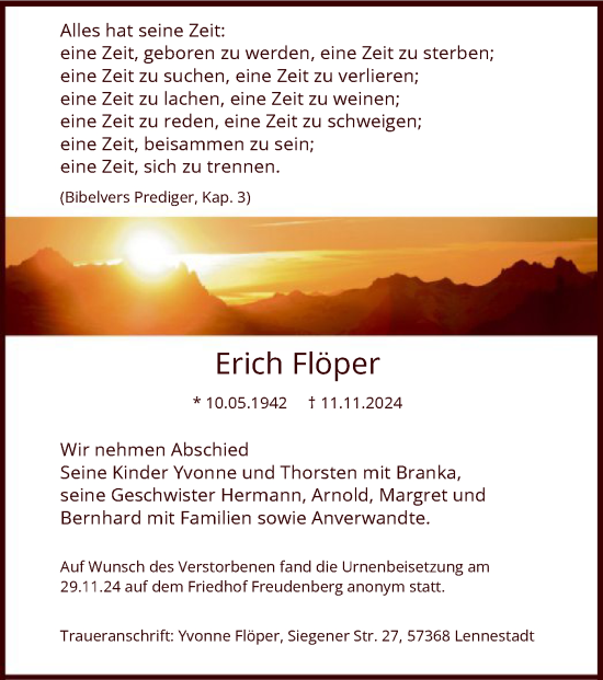 Traueranzeige von Erich Flöper von WA
