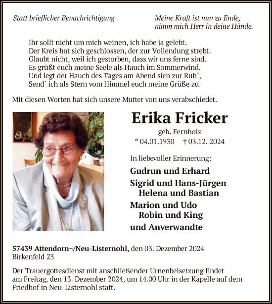 Traueranzeige von Erika Fricker von WA