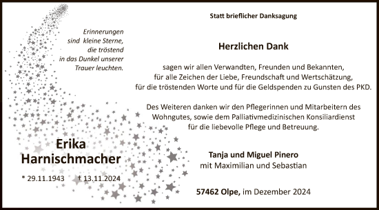 Traueranzeige von Erika Harnischmacher von WA