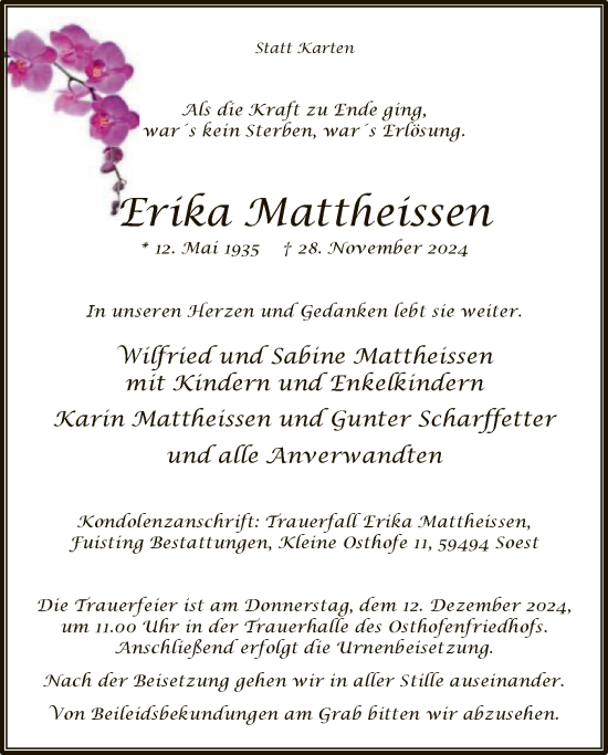 Traueranzeige von Erika Mattheissen von WA