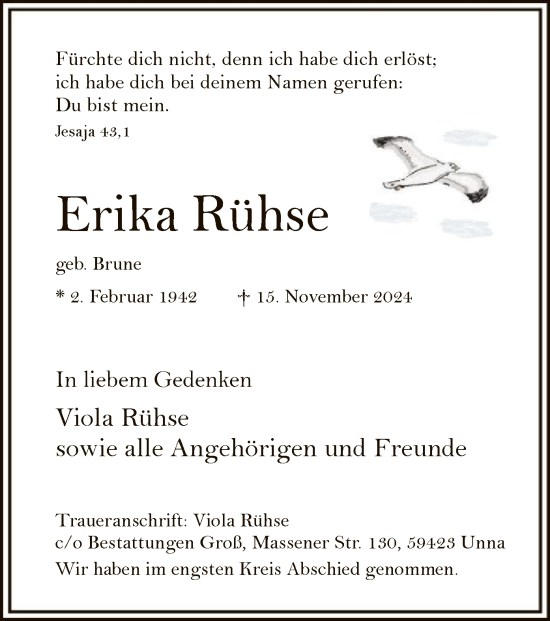 Traueranzeige von Erika Rühse von WA