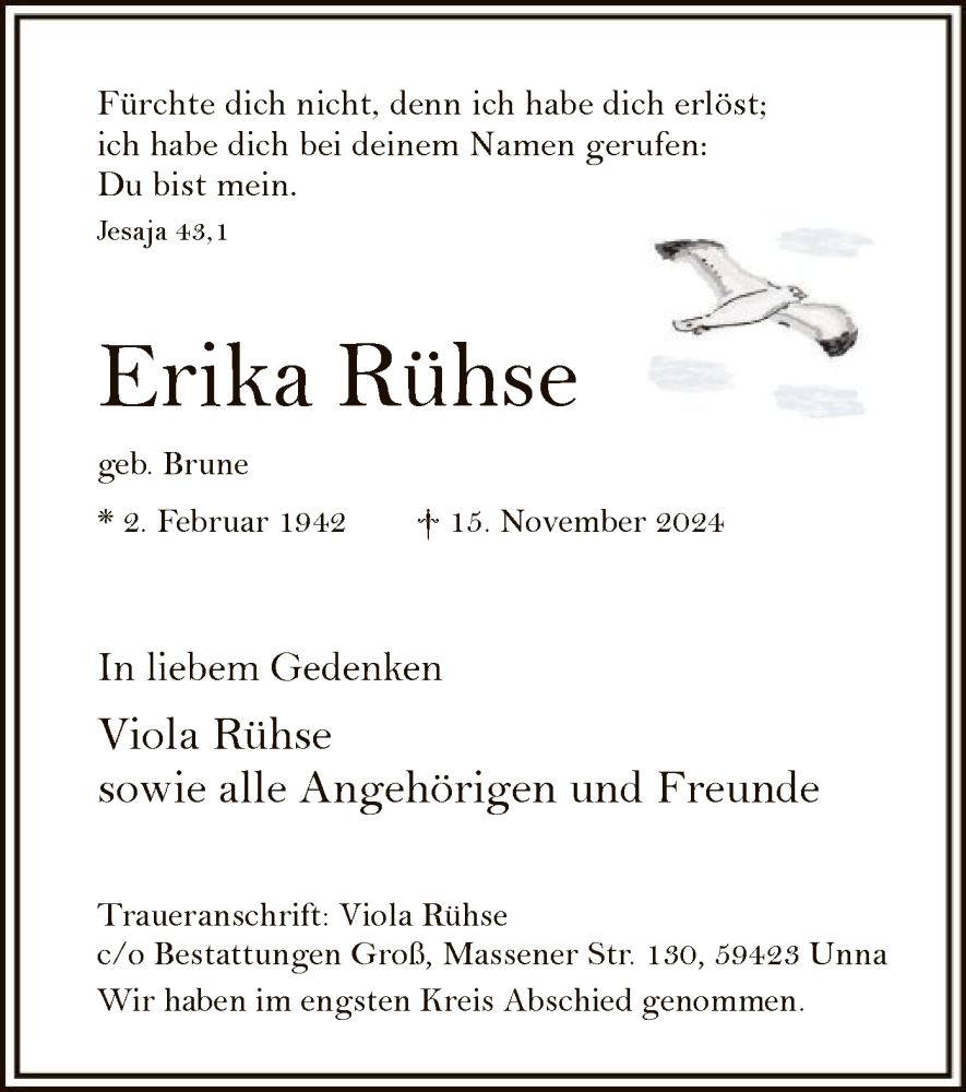  Traueranzeige für Erika Rühse vom 14.12.2024 aus WA