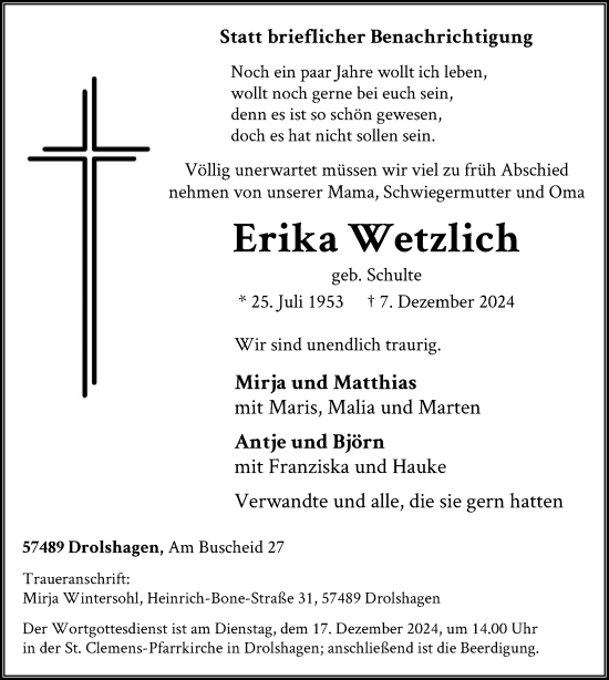 Traueranzeige von Erika Wetzlich von WA