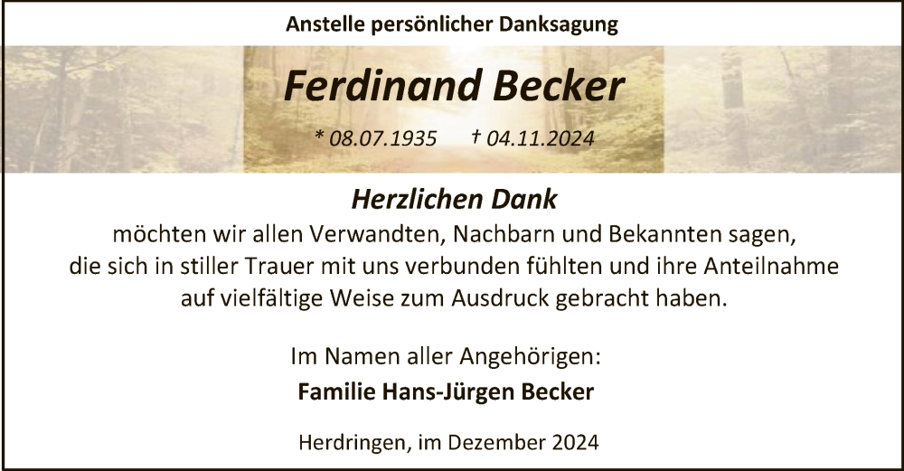  Traueranzeige für Ferdinand Becker vom 14.12.2024 aus WA