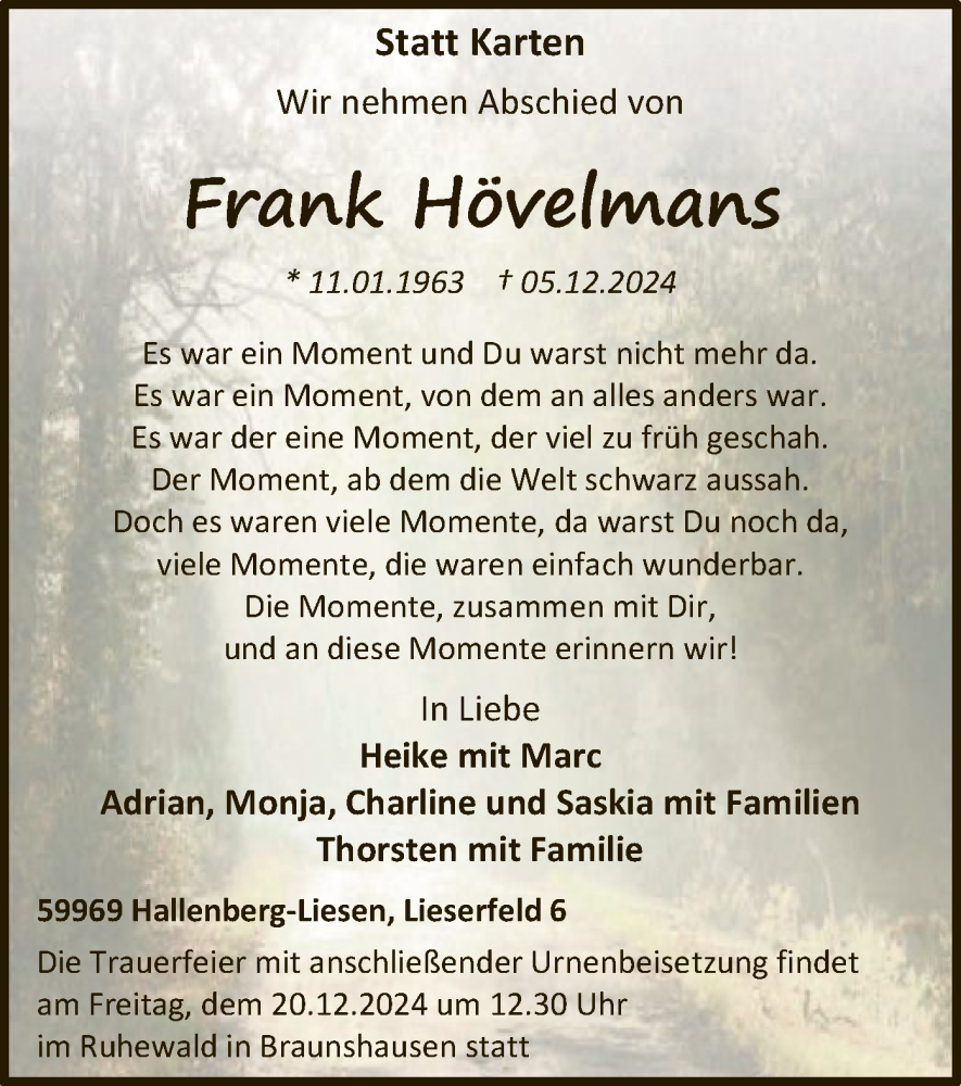  Traueranzeige für Frank Hövelmans vom 14.12.2024 aus WA