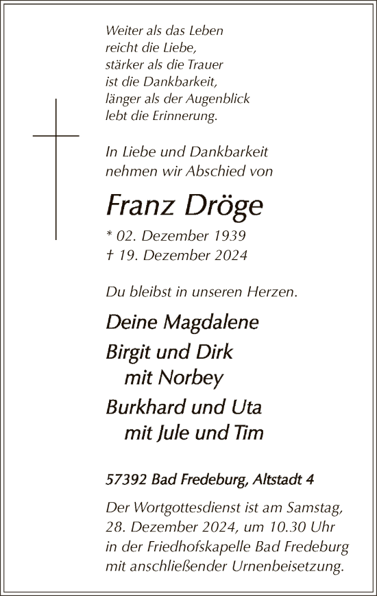 Traueranzeige von Franz Dröge von WA