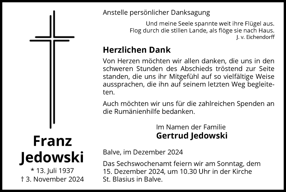  Traueranzeige für Franz Jedwoski vom 07.12.2024 aus WA