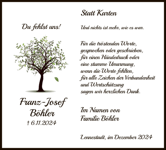 Traueranzeige von Franz-Josef Böhler von WA