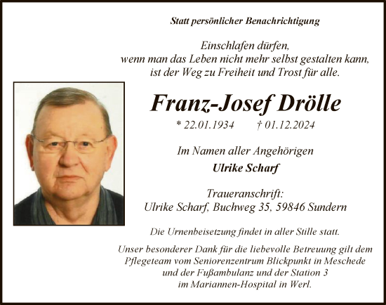 Traueranzeige von Franz-Josef Drölle von WA
