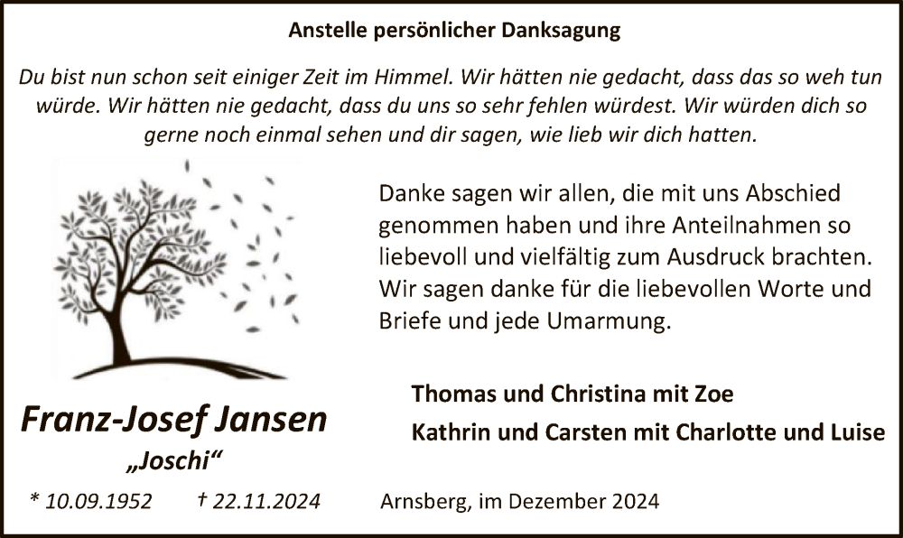  Traueranzeige für Franz-Josef Jansen vom 21.12.2024 aus WA