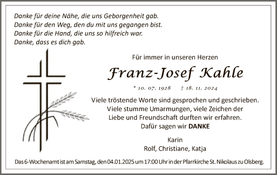 Traueranzeige von Franz-Josef Kahle von WA