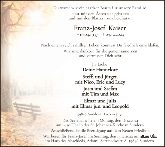 Traueranzeige von Franz-Josef Kaiser von WA