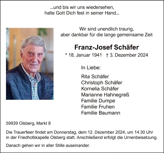 Traueranzeige von Franz-Josef Schäfer von WA