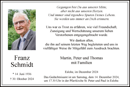 Traueranzeige von Franz Schmidt von WA