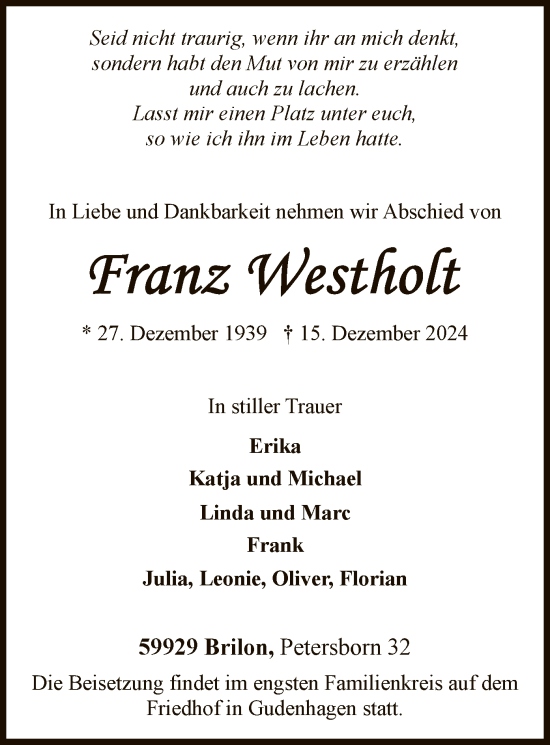 Traueranzeige von Franz Westholt von WA