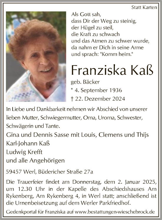 Traueranzeige von Franziska Kaß von WA