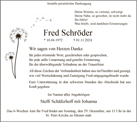 Traueranzeige von Fred Schröder von WAWA