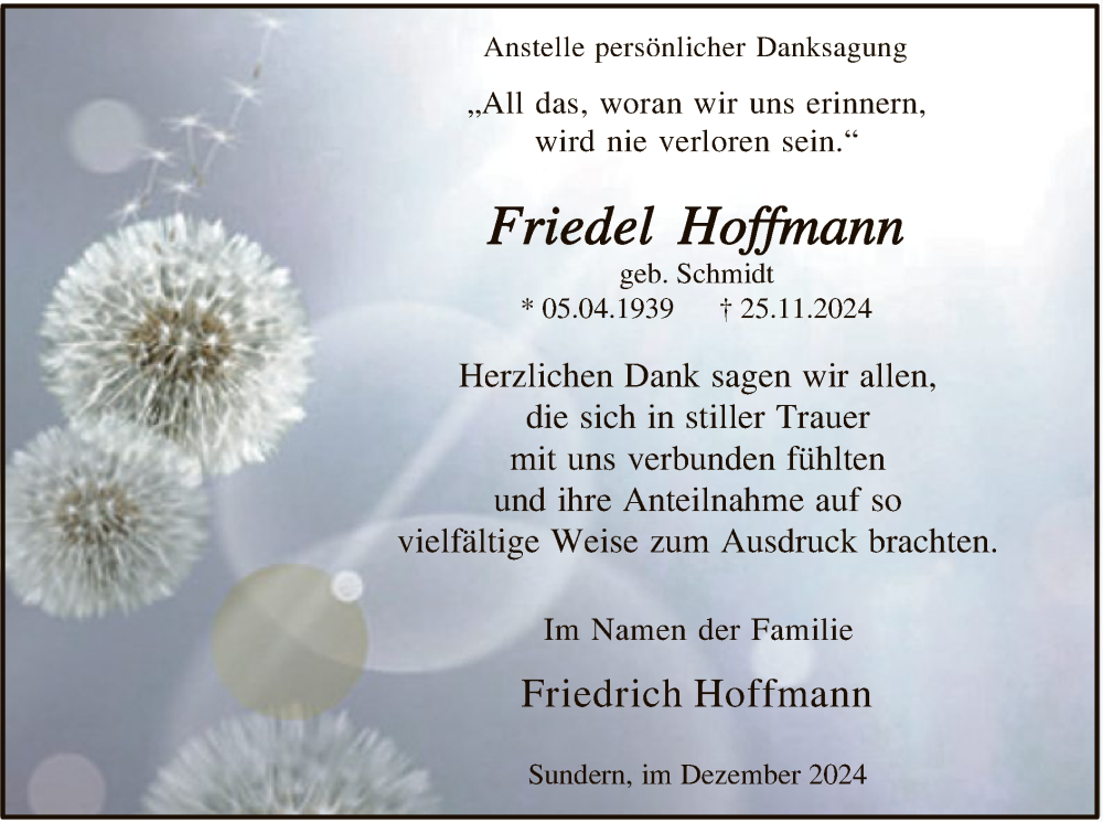  Traueranzeige für Friedel Hoffmann vom 28.12.2024 aus WA