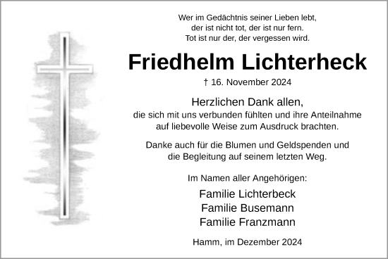 Traueranzeige von Friedhelm Lichterheck von WA