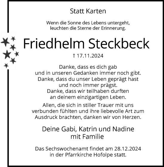 Traueranzeige von Friedhelm Steckbeck von WA