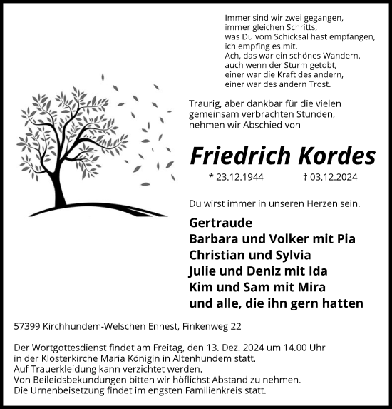 Traueranzeige von Friedrich Kordes von WA