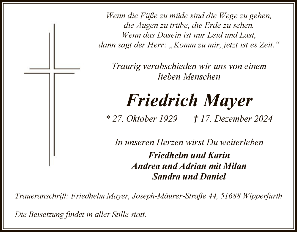  Traueranzeige für Friedrich Mayer vom 21.12.2024 aus WA