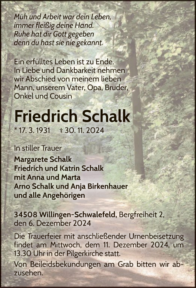  Traueranzeige für Friedrich Schalk vom 07.12.2024 aus WA