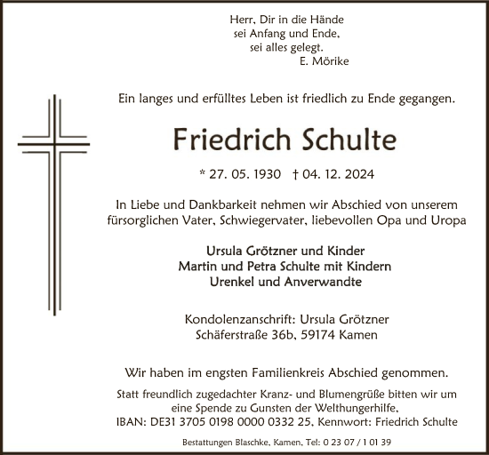 Traueranzeige von Friedrich Schulte von WA