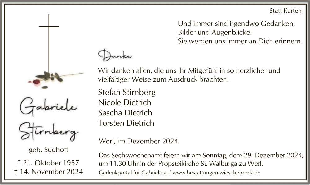  Traueranzeige für Gabriele Stirnberg vom 21.12.2024 aus WA