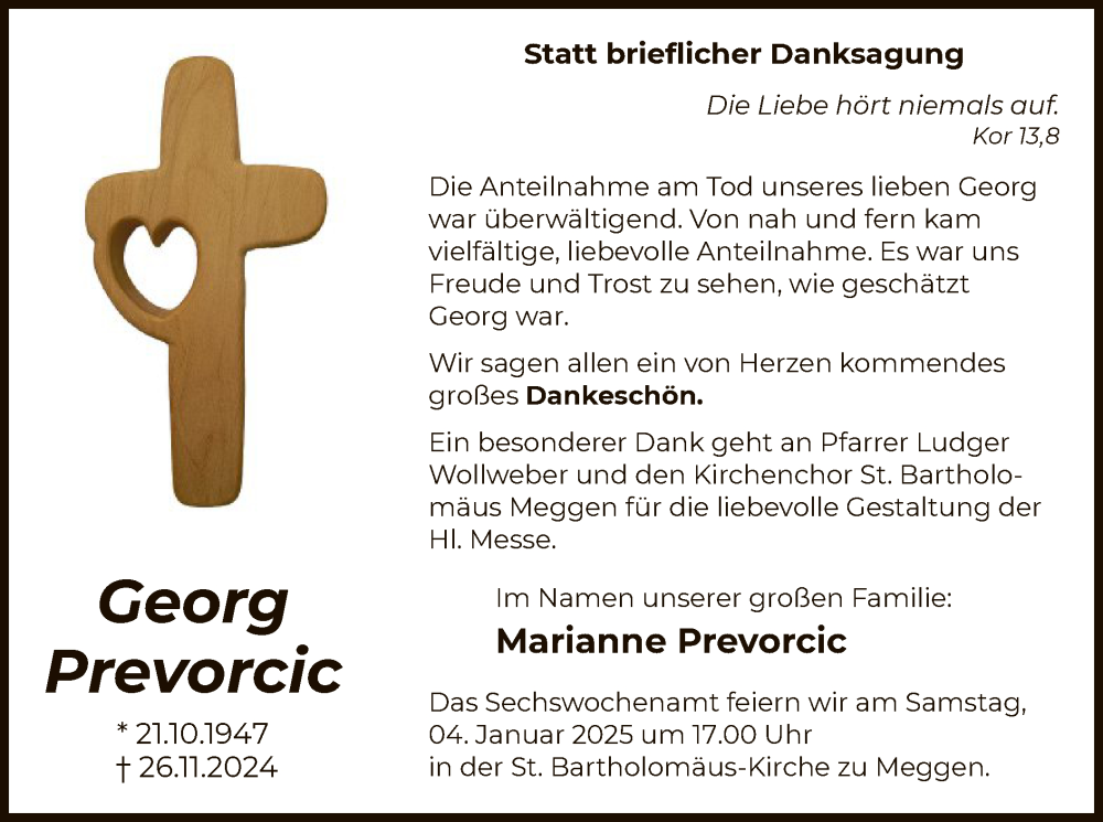  Traueranzeige für Georg Prevorcic vom 28.12.2024 aus WA