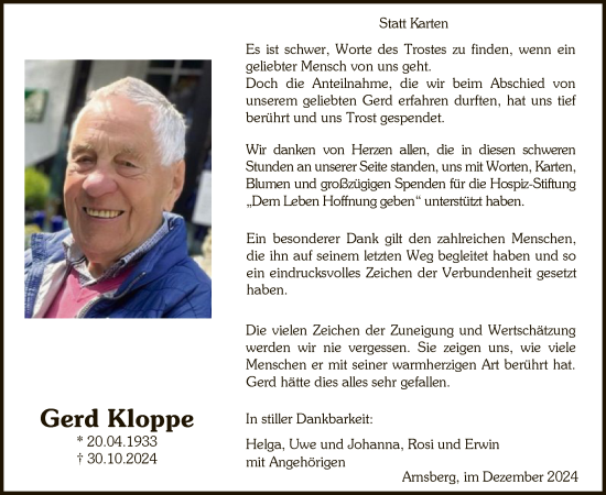 Traueranzeige von Gerd Kloppe von WA