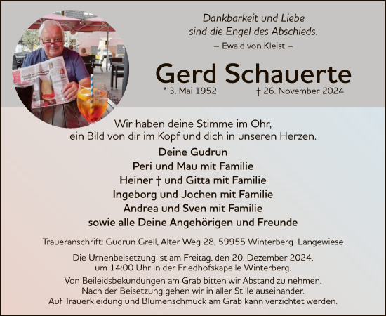 Traueranzeige von Gerd Schauerte von WA