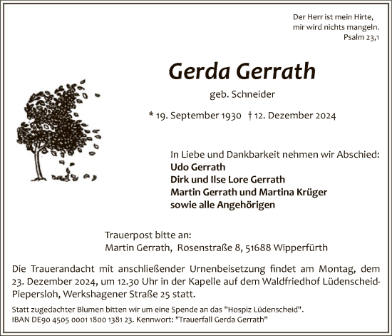 Traueranzeige von Gerda Gerrath von WA