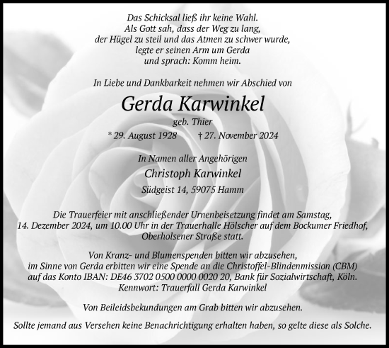 Traueranzeige von Gerda Karwinkel von WA
