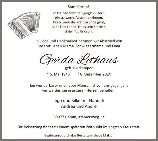 Traueranzeige von Gerda Lethaus von WA