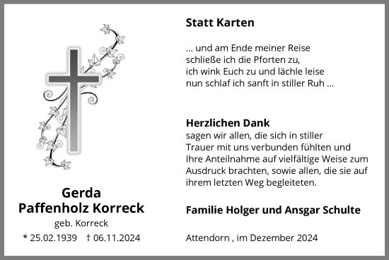 Traueranzeige von Gerda Paffenholz Korreck von WA