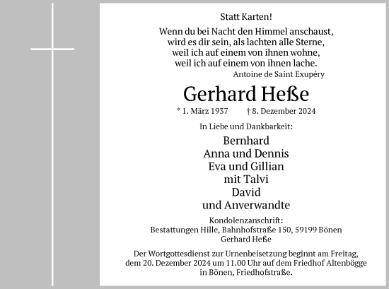 Traueranzeige von Gerhard Heße von WA