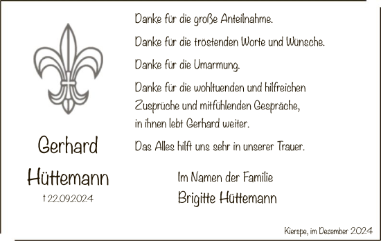 Traueranzeige von Gerhard Hüttemann von WA