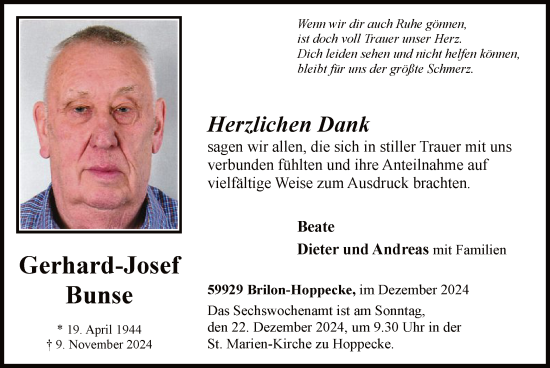 Traueranzeige von Gerhard-Josef Bunse von WA