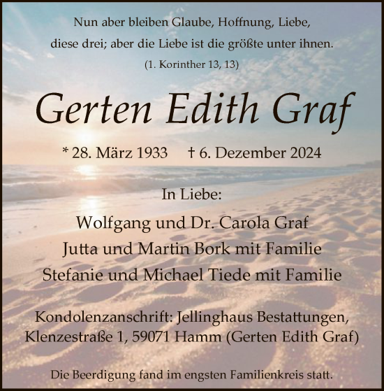 Traueranzeige von Gerten Edith Graf von WA