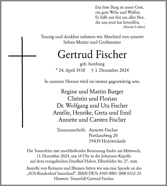 Traueranzeige von Gertrud Fischer von WA