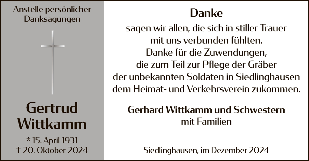  Traueranzeige für Gertrud Wittkamm vom 14.12.2024 aus WA